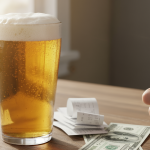Receipts, cash, and a beer